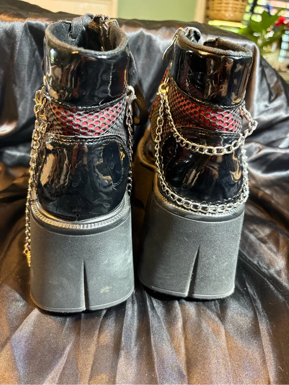 Black & Red Mesh Platform Booties with Chain Detail - Size US 9 / EU 40